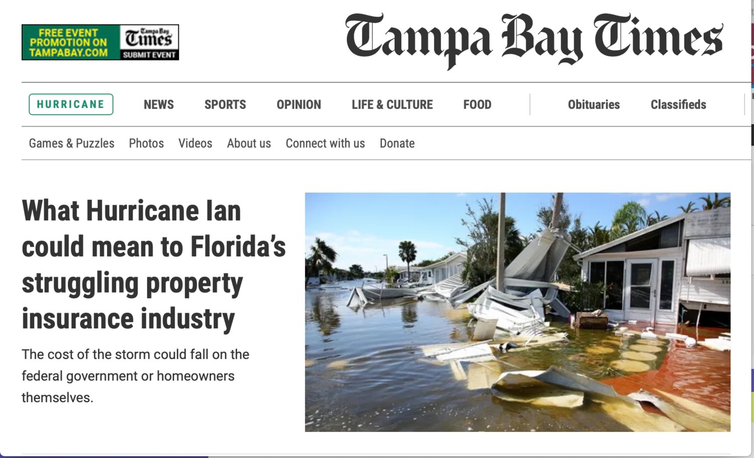 This October 1st story on the Tampa Bay Times website about Ian’s effect on Florida’s struggling insurance industry shows the Palmetto Palms RV Resort in Ft. Myers, FL, which was mostly destroyed by Hurricane Ian.